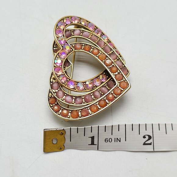 Vintage Liz Claiborne Gold Tone Interlocking Heart Brooch With Pink Rhinestones - Picture 6 of 6